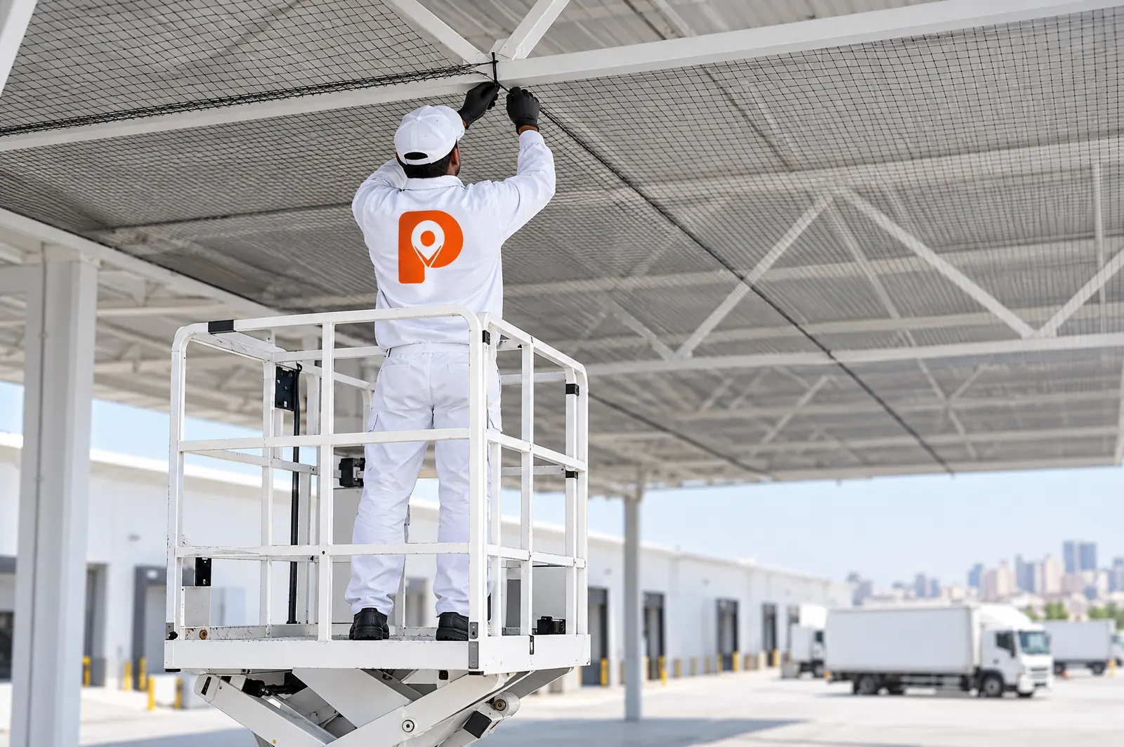 A technician on a scissor lift fixing bird netting under a loading-bay canopy.