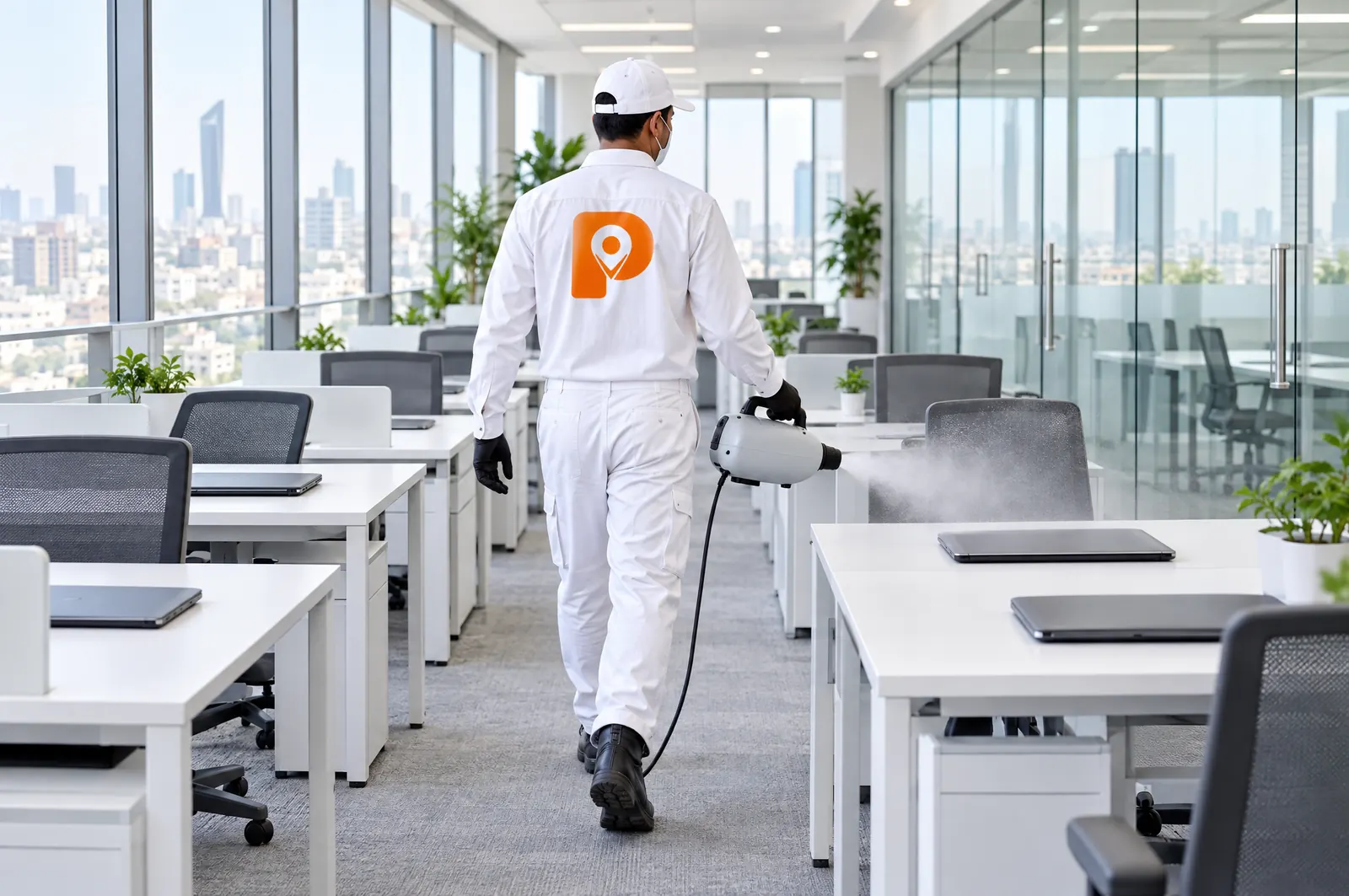 A masked technician disinfecting an open-plan office with a fine mist.
