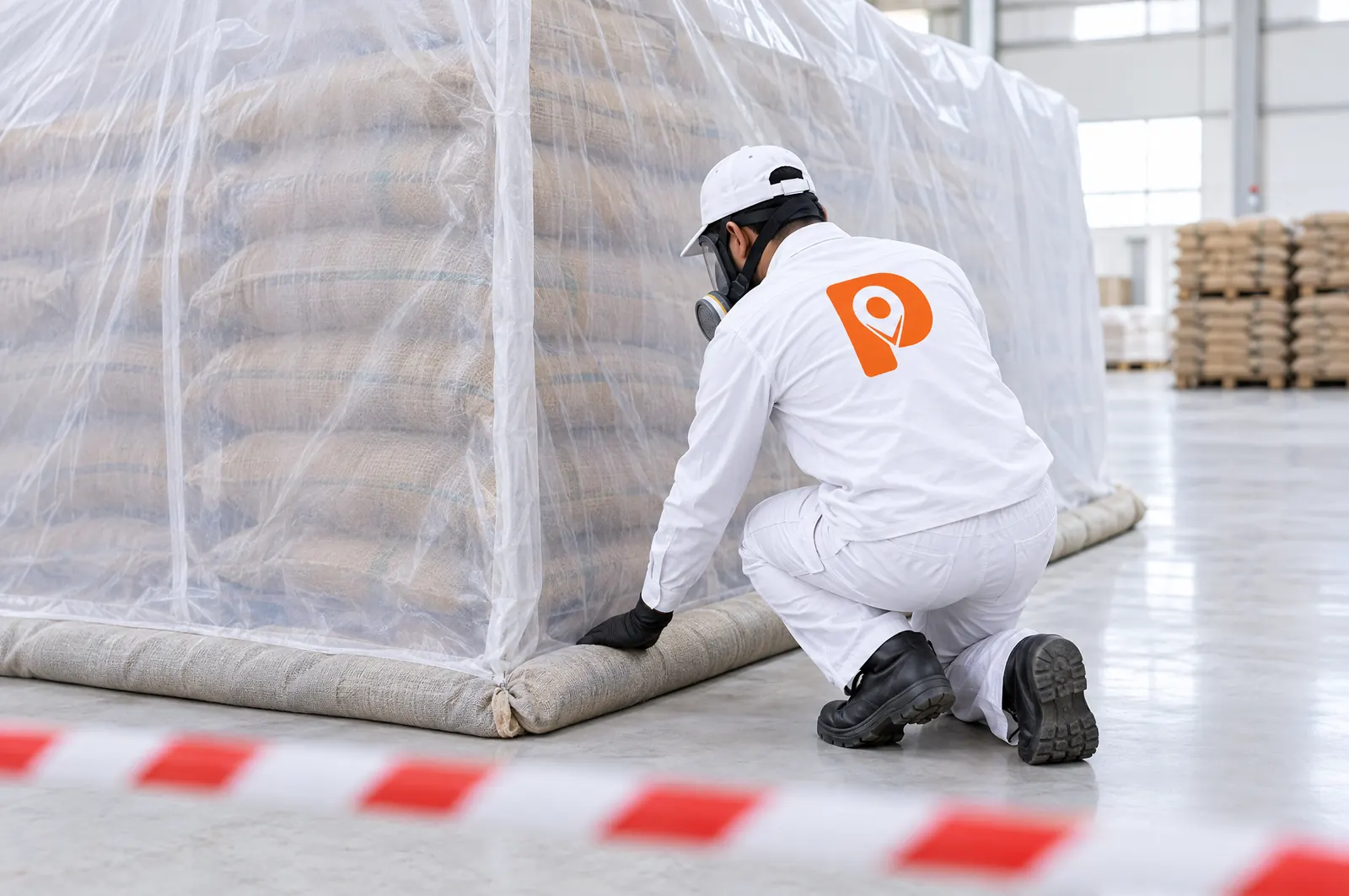 A technician in a respirator sealing a fumigation sheet over stacked sacks in a warehouse.
