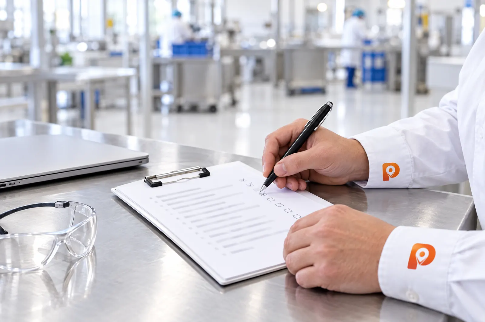 A consultant ticking an audit checklist at a steel table on a factory floor.