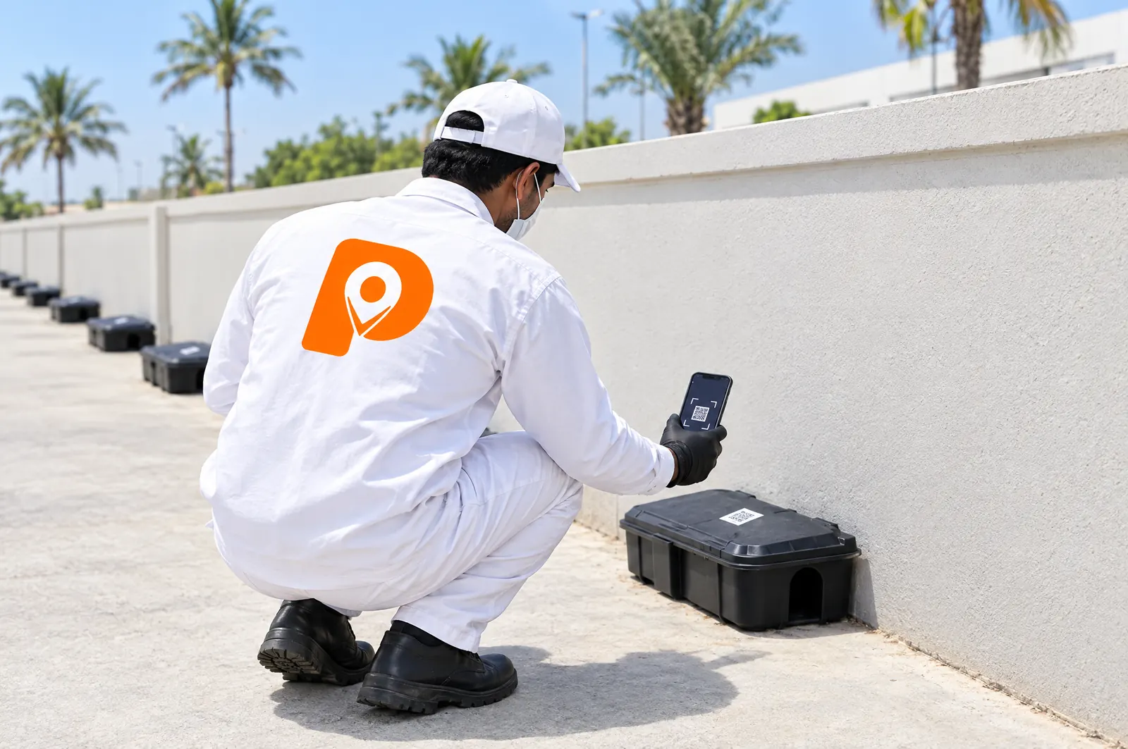A technician scanning the QR code on a rodent bait station along a factory wall.