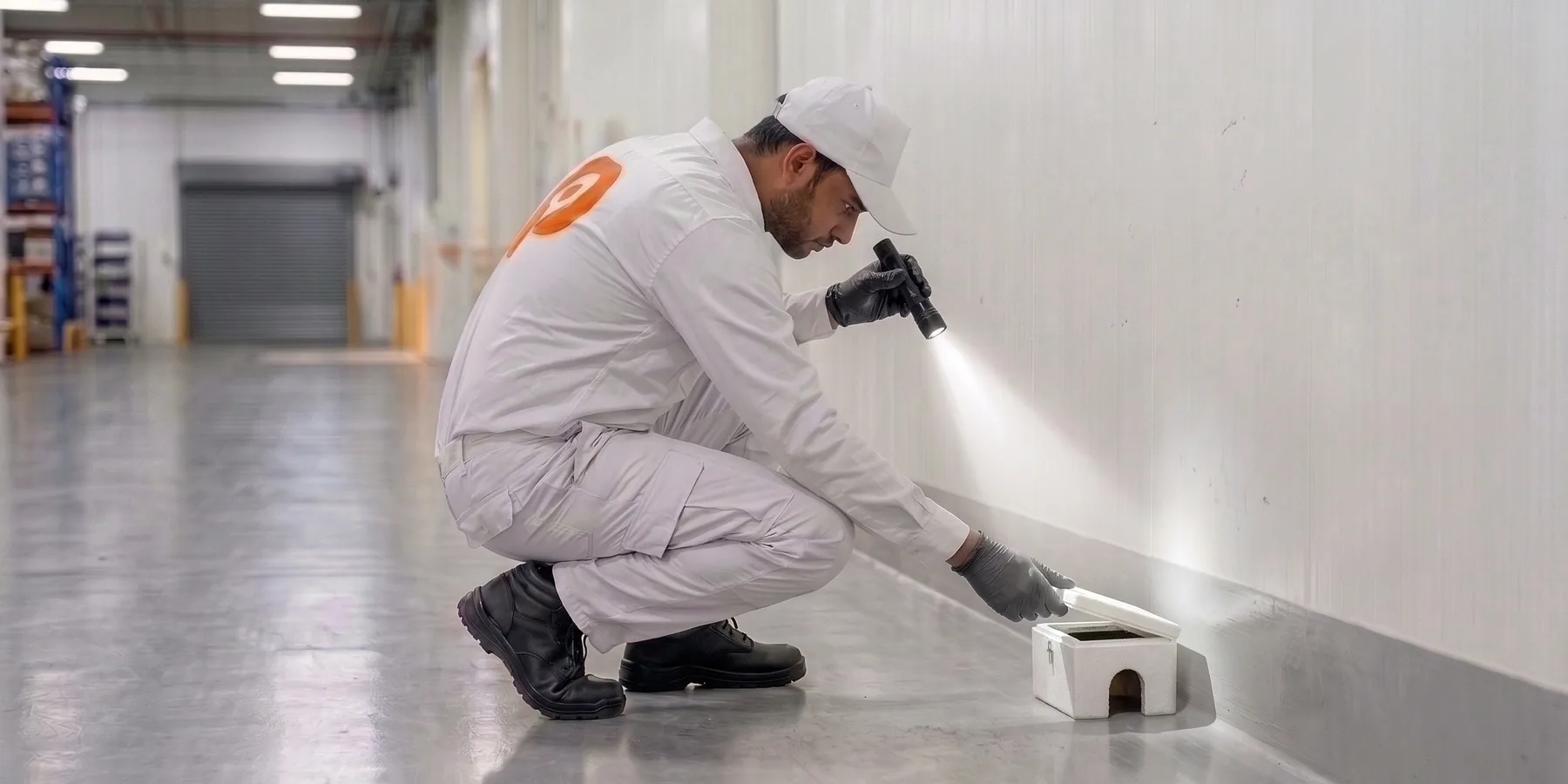A Pointerz technician checking a rodent box along a factory wall with a torch.