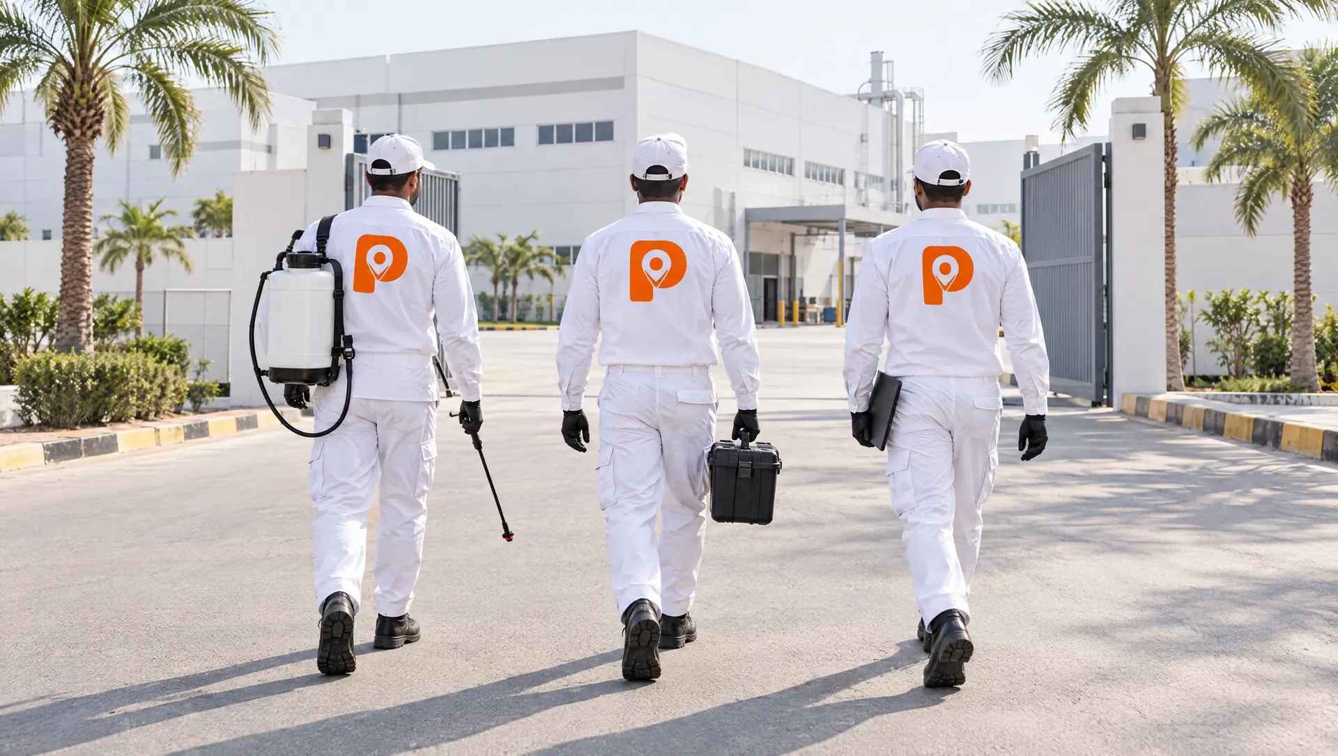 Three technicians in white uniforms walking into a factory.