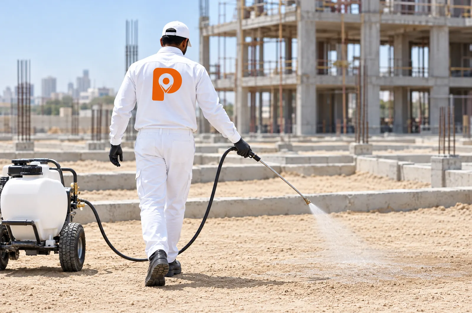 A technician spraying the soil of a construction plot before the floor slab is poured.
